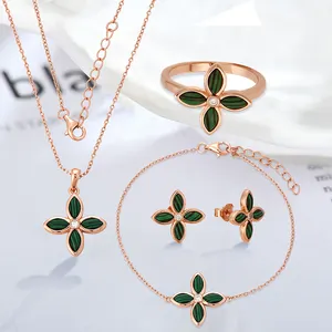 2024 925 Sterling Silver Jewelry Set Malachite Gemstone Agate Zircon Pendant 4 Leaf Clover Necklace Earrings Bracelet Set
