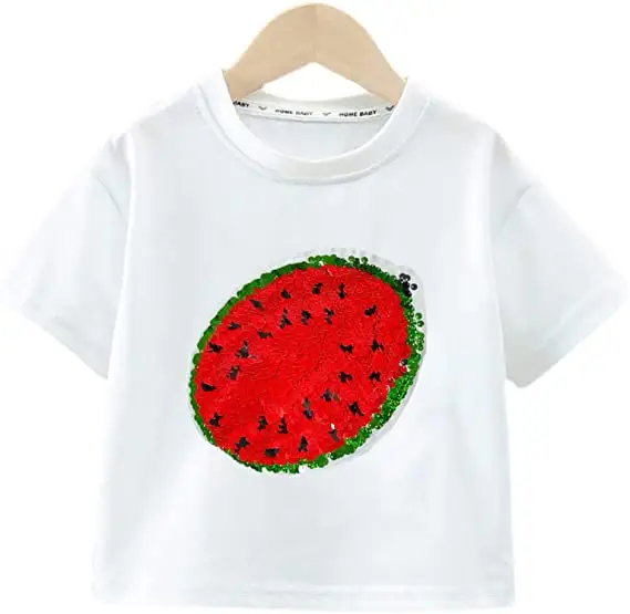 幼児男の子女の子マジックフリップスパンコールTシャツ夏のスイカパターンデザイン半袖クルーネックファッションTシャツトップス