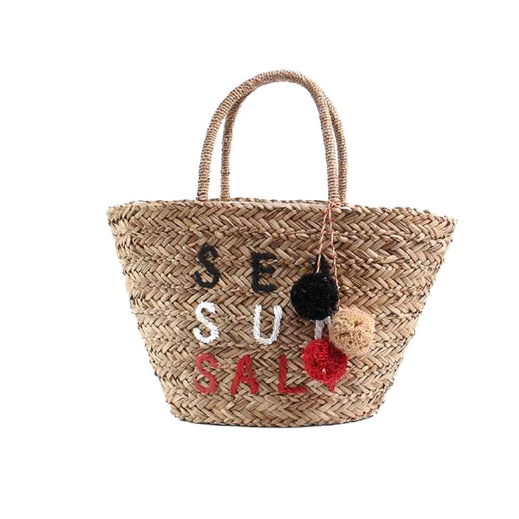 Custom Large Hand Woven Basket Shape Sea Grass Monogrammed Pom Pom