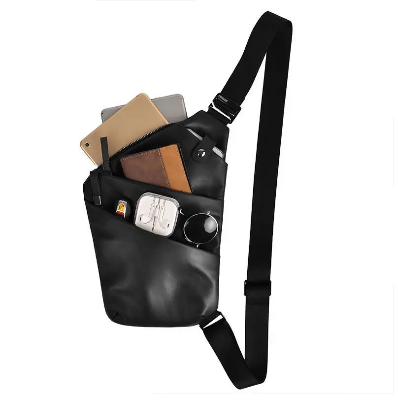 Grosir tas kurir pu tas selempang tali tunggal tahan air hitam tas dada selempang kulit tahan air dengan saku