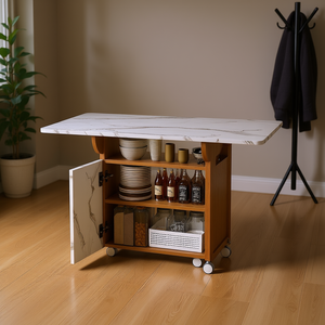Mesa de Comedor Plegable Moderna de Mármol Blanco con Patas de Madera y Gabinete de Almacenamiento con 6 Ruedas para la Entrada del Hogar - Product Image 2