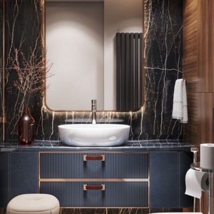 Mueble de baño moderno minimalista con encimera de losa de roca, lavabo cerámico, espejo con iluminación inteligente y gabinete de almacenamiento. - Product Image 5