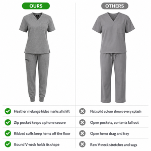 Conjunto de Uniforme Médico para Mujer Heather Melange, Pantalones Jogger, Cuello en V, Manga Corta, Bolsillos con Cierre en el Muslo, Uniforme de Enfermera, Logotipo Personalizado, Hospital - Product Image 5