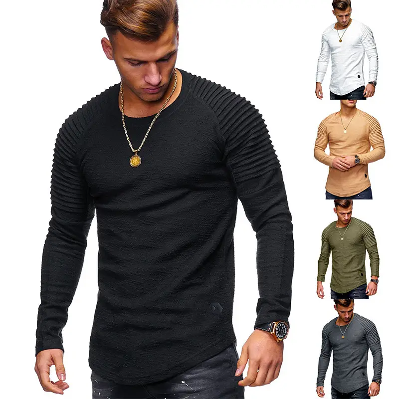 Oem Custom Solid Color Long Sleeve Round Neck Pullover Casual Striped T Shirt For Men