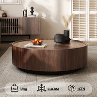 Table Basse Ronde Moderne de Milieu de Siècle en Noyer avec Cadre en Bois – Table de Salon Simple et Moderne avec Rangement
