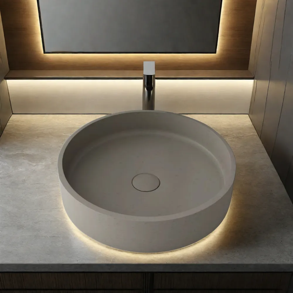 モダンな丸い天然セメント大理石テラゾコンクリートバスルーム洗面台シンク、シングルホール蛇口マウント付き
