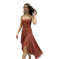 Robe midi marron unie en satin tissé à col carré et volants, taille naturelle, coupe évasée, Printemps-Été pour Femme