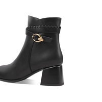 Bottes tendance pour femme en cuir de vachette avec doublure en peau de mouton, antidérapantes, à talon épais et bout rond, avec boucle, mi-mollet