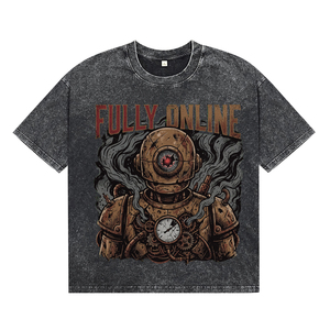 T-shirts surdimensionnés pour hommes, imprimé graphique steampunk train délavé à l'acide, décontractés, respirants, en coton de haute qualité, vente en gros - Product Image 1