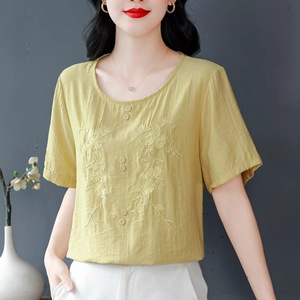 Purple Embroidered Short Sleeve Cotton <b>Linen</b> Blouse Loose Fit Women's <b>Top</b> Daily Wear Casual Style - Product Image 2