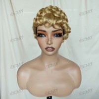 Perruque bouclée blonde Kemy en cheveux brésiliens avec frange, densité 150 %, sans colle, pour femmes noires
