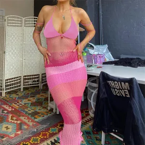 2023 Zomer Nieuwe Trend Sexy Slanke Roze Veterjurk Mode Elegante V-Hals Mouwloze Lange Contrasterende Jurk
