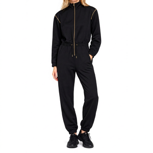 Survêtement noir pour femme, longueur intégrale, col roulé, fermeture éclair, poches latérales, couleur unie, mélange coton élasthanne, poids moyen 160g - Product Image 1