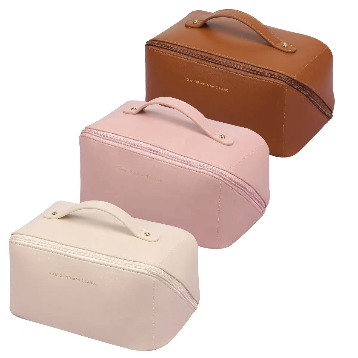 2023 Custom Private Label Impermeável Rosa Macio Pu Couro Portátil Make Up Cosméticos Maquiagem Bag Pouch Travel Organizer Bags Case