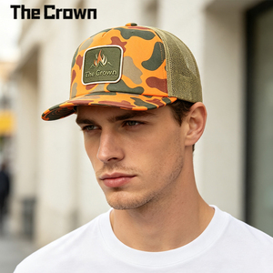 Casquette Trucker Camouflage Personnalisée de Haute Qualité avec Patch Tissé, Visière Plate, 5 Panneaux, Dos en Maille, Broderie Vert Olive – Vente en Gros - Product Image 1