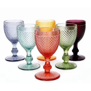 와인 유리 컬러 유리 잔 빈티지 패턴 양각 높은 투명 유리 Goblets