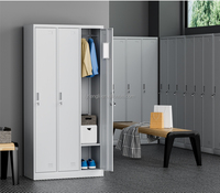 Casier métallique 3 portes en acier avec penderie, miroir, étagère à chaussures, aération et serrure à clé pour vestiaire de gym