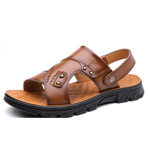 Cross-Strap Genuine Leather Sandals Men Open Toe Rubber Outsole Anti-Slip Casual <b>Beach</b> <b>Shoes</b> Solid Pattern Engraved Logo - Product Image 5