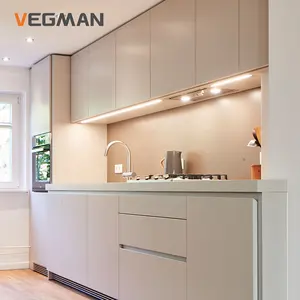 Wholesale European Style Touch Open Handless Design Matt PET White Kitchen Cabinet Cupboard For Apartment