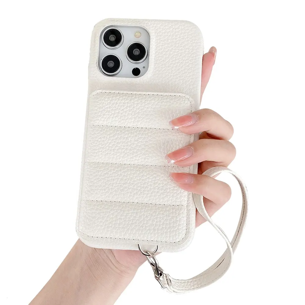 1 buah MOQ dalam stok Lychee PU kulit casing ponsel untuk iPhone Samsung Xiaomi dompet Lanyard penutup ponsel kulit dengan tempat kartu