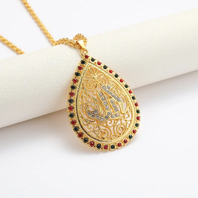 תכשיטים דתיים סיטונאי זהב מצופה מוסלמי אסלאמי ריינסטון אללה דפוס תליון שרשרת