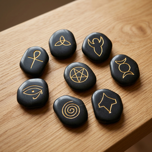 Handmade Black Crystal Set with Golden <b>Pagan</b> Symbols Reiki Healing <b>Art</b> Collectible Free Form Oval Shape Polished Finish - Product Image 2