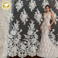 Tissu en dentelle lourd fantaisie pour robe de mariée, brodé de perles 3D et de strass, avec applique florale pour accessoires de robe de mariée