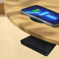 Emballage OEM Chargeur de bureau en bois dur 10W 50mm Chargeur sans fil à induction invisible avec port DC de protection OTP/OVP pour téléphones