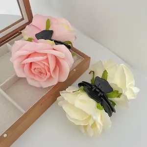 Klip cakar rambut bunga mawar musim semi dan musim panas 12cm Aksesori rambut kain bunga imitasi manis untuk anak perempuan
