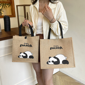 Wholesale Panda Print Jute Tote Bag Eco Friendly Reusable <b>Handbag</b> with Custom Logo - Product Image 3