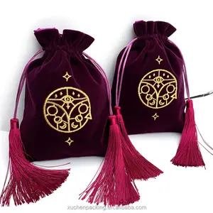Top Quality Metal Gold Embroidered Velvet Tarot Play Cards Bags With Satin Inside Purple Tassel Drawstring Velvet Gift Bags