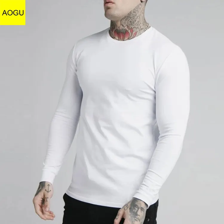 Gym Slim Fit Compressed Men Langarm-T-Shirt mit Kragen Plain Custom ized Blank Casual Printed Knitted Logo Printing Weiß