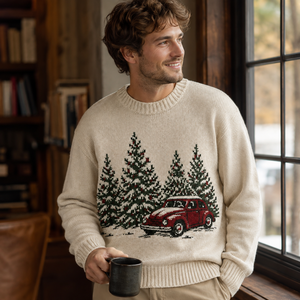 Pull en cachemire pour homme, Noël, motif neige, sapin, voiture rouge, col rond, manches longues, logo personnalisé, OEM, ODM - Product Image 1