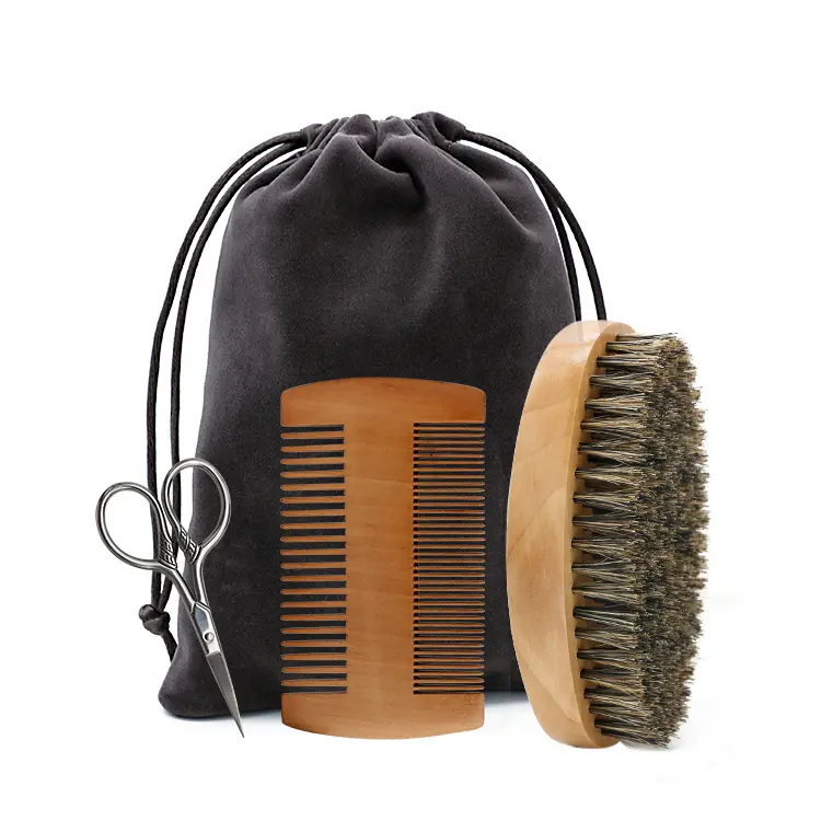 Kit com pente para crescimento de barba, 3 pçs de pente largo de madeira preta para crescimento de barba e navalha