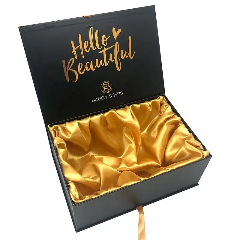 Scatola magnetica di lusso con parrucche a nastro di seta scatola di imballaggio regalo in tessuto Appeal abito da sposa cartone scatola nera dorata