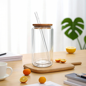 Customized logo Double Wall Tumbler Drinking Glass Iced Coffee Cups with Bamboo Lid and Straw for Gift - Product Image 5