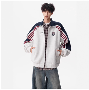 Veste de sport à manches longues pour homme, en coton/fibre de bambou, avec fermeture éclair, coloris bleu marine et rouge, à rayures - Product Image 2