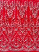 Tissu en dentelle à mailles abstraites florales orné de paillettes, de strass et de perles, avec bordure double festonnée, pour robes de mariée