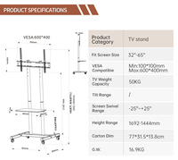 Carrito Móvil de Acero para TV Khcoohoo ODM OEM - Capacidad para 65 Pulgadas, Certificado CE, VESA 600x400 para TV y Monitor