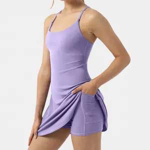 Hot bán Ins backless 2-in-1 bùng Workout ăn mặc màu tím váy giản dị váy ngắn