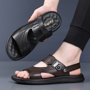 Wholesale Mens First Layer Cow Leather Sandals Soft Cushion Sole Two Wear <b>Slippers</b> Fashion Outdoor Beach <b>Summer</b> Shoes - Product Image 1