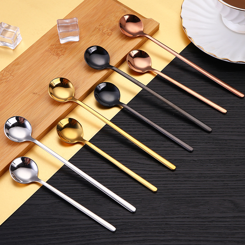 QZQ Long Handle Coffee Spoon Set Small Korean Metal Dessert Spoons Gift Silver Brass Stainless Steel Flatware Gold Tea Spoon