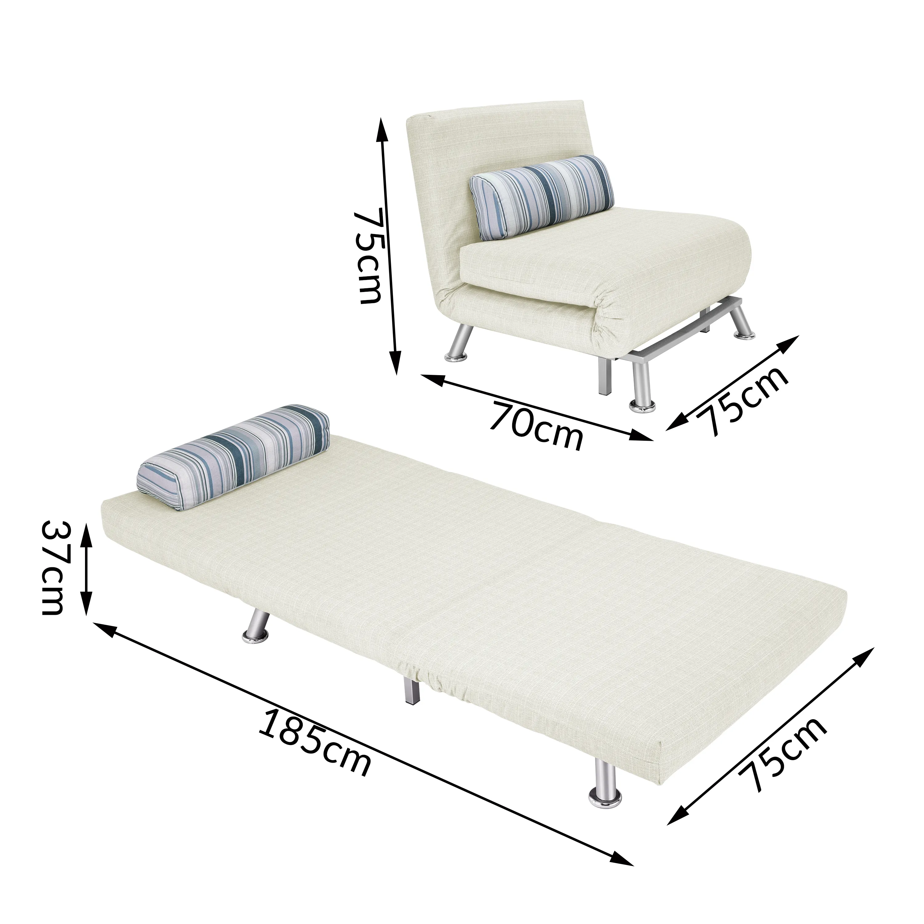 접이식 소파 침대 금속 구조 덮개를 씌운 패브릭 안락 의자 접이식 싱글 침대 그레이 크림 거실/침실