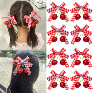 Fermaglio per <span class=keywords><strong>capelli</strong></span> a doppia ciliegia rosso dolce stile coreano con fiocchi a strisce rosse, accessori per <span class=keywords><strong>capelli</strong></span> per bambine - Product Image 2