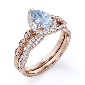 Anillo de Compromiso de Plata de Ley 925 con Corte de Pera y Aguamarina, Chapado en Oro, Gema Azul Clásica Certificada Fina - Product Image 4