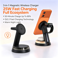 Chargeur sans fil magnétique 3 en 1 de haute qualité, chargeur sans fil de bureau 25W avec lumière nocturne chaude pour téléphone, montre et écouteurs