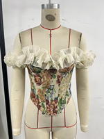 Top Corset Floral para Mujer con Hombros Descubiertos, Volantes y Dobladillo en V