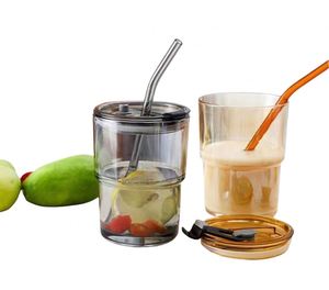 Transparent Glasses Stripe Glass Cup with Lid and Straw Ice Coffee Mug Tea Cup <b>Drinkware</b> Water Bottles Kitchen <b>Accessories</b> - Product Image 4