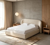 Lit rembourré en tissu de lin courbé de style Wabi-Sabi avec design durable et écologique, tête de lit large, taille Queen ou King