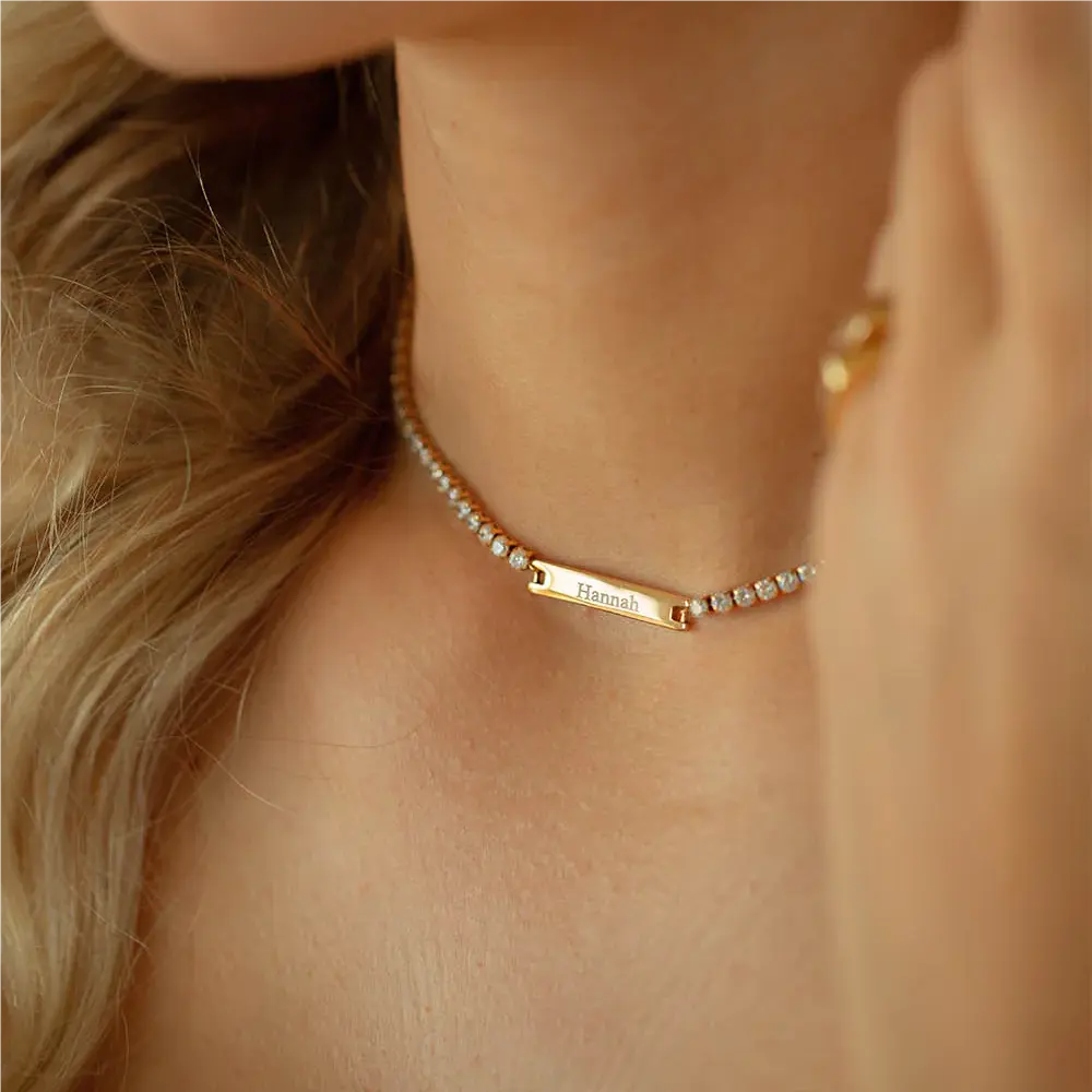 High Quality Women's Tennis Chain Necklace Bracelet Popular Zircon Tennis chain Customized Engraved name Blank bar Jewelry Set